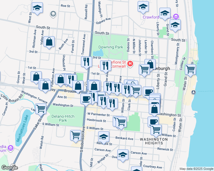 map of restaurants, bars, coffee shops, grocery stores, and more near 38 Concord Street in Newburgh