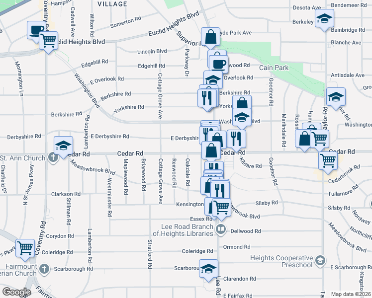 map of restaurants, bars, coffee shops, grocery stores, and more near 3118 East Derbyshire Road in Cleveland Heights