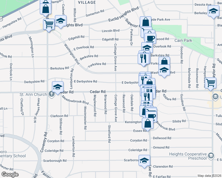 map of restaurants, bars, coffee shops, grocery stores, and more near 3030 East Derbyshire Road in Cleveland Heights