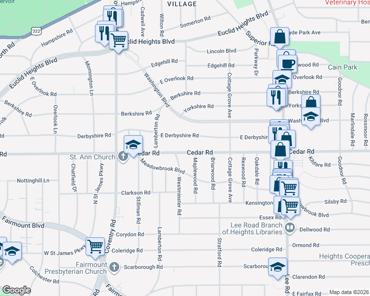 map of restaurants, bars, coffee shops, grocery stores, and more near 2948 East Derbyshire Road in Cleveland Heights