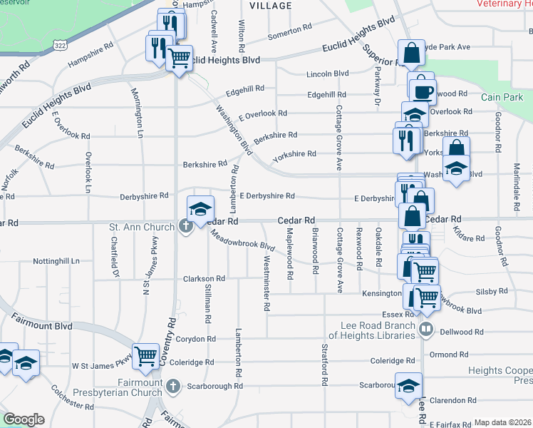 map of restaurants, bars, coffee shops, grocery stores, and more near 2948 East Derbyshire Road in Cleveland Heights