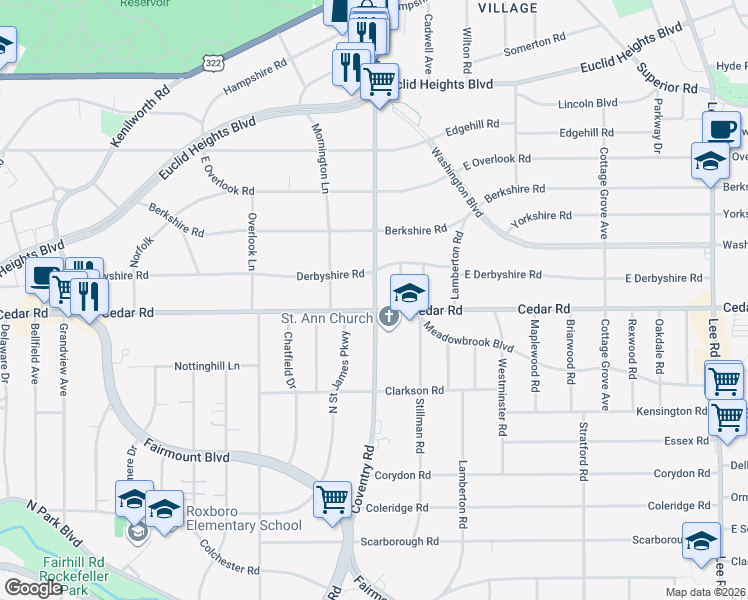 map of restaurants, bars, coffee shops, grocery stores, and more near 2778 Derbyshire Road in Cleveland Heights