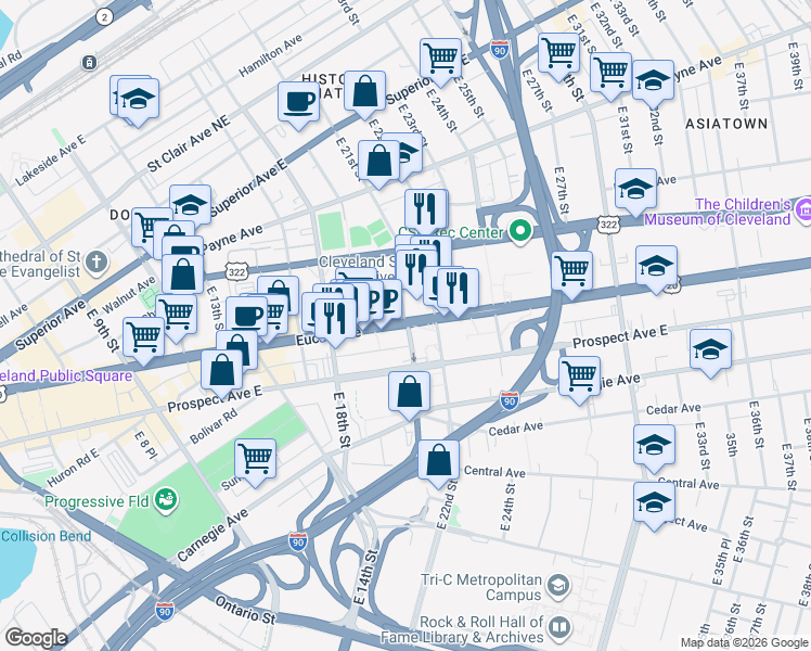 map of restaurants, bars, coffee shops, grocery stores, and more near 2051 Euclid Avenue in Cleveland