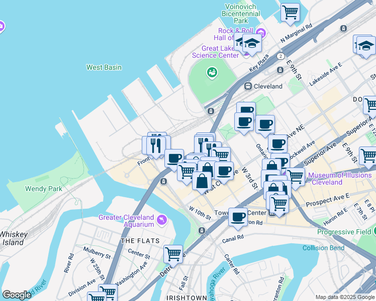 map of restaurants, bars, coffee shops, grocery stores, and more near 1151 West 9th Street in Cleveland