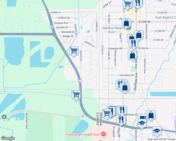 map of restaurants, bars, coffee shops, grocery stores, and more near 147 Brenta Court in Chicago Heights