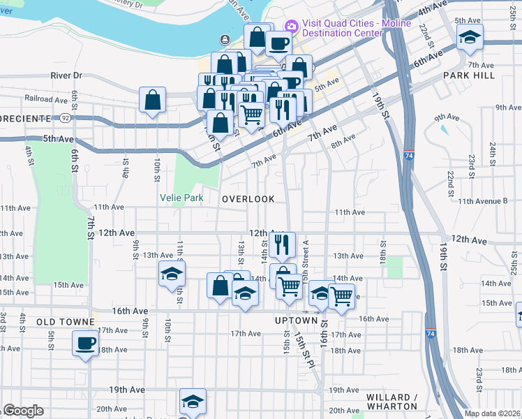 map of restaurants, bars, coffee shops, grocery stores, and more near 1015 14th Street in Moline