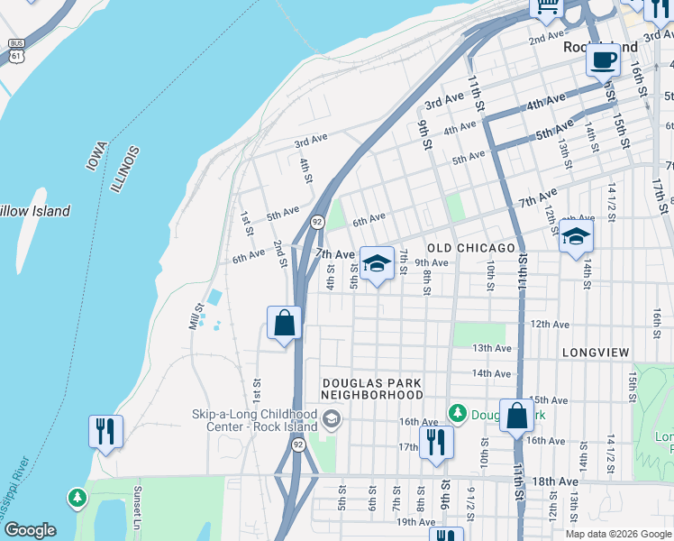 map of restaurants, bars, coffee shops, grocery stores, and more near 406 7th Avenue in Rock Island
