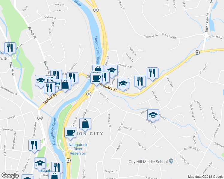 map of restaurants, bars, coffee shops, grocery stores, and more near 63 Prospect Street in Naugatuck