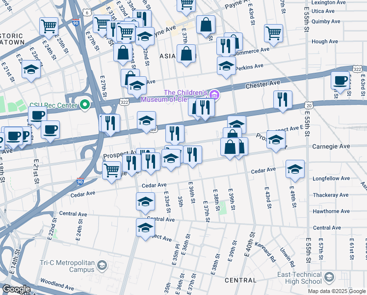 map of restaurants, bars, coffee shops, grocery stores, and more near 3522 Prospect Avenue East in Cleveland