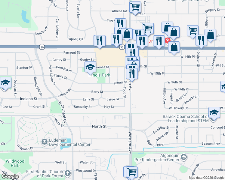map of restaurants, bars, coffee shops, grocery stores, and more near 122 Berry Street in Park Forest