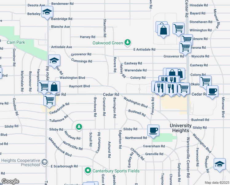 map of restaurants, bars, coffee shops, grocery stores, and more near 3724 Washington Boulevard in University Heights