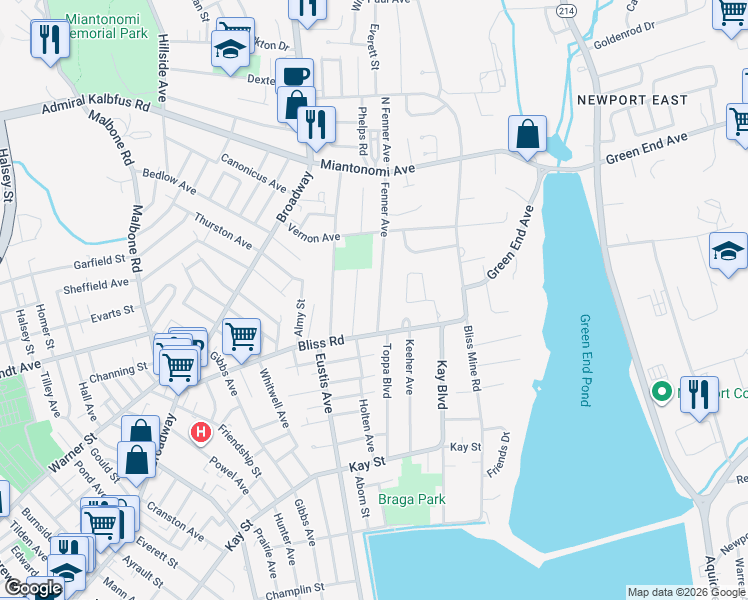 map of restaurants, bars, coffee shops, grocery stores, and more near 20 Fenner Avenue in Newport