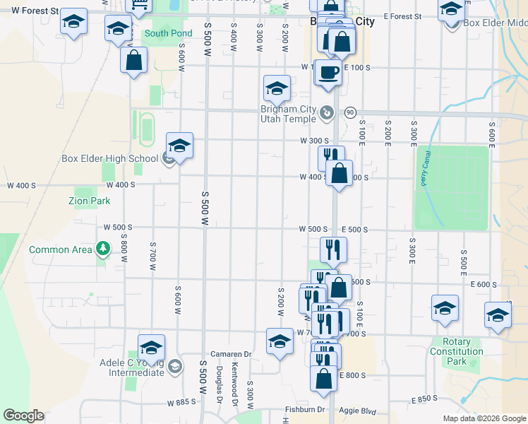 map of restaurants, bars, coffee shops, grocery stores, and more near 445 South 300 West in Brigham City