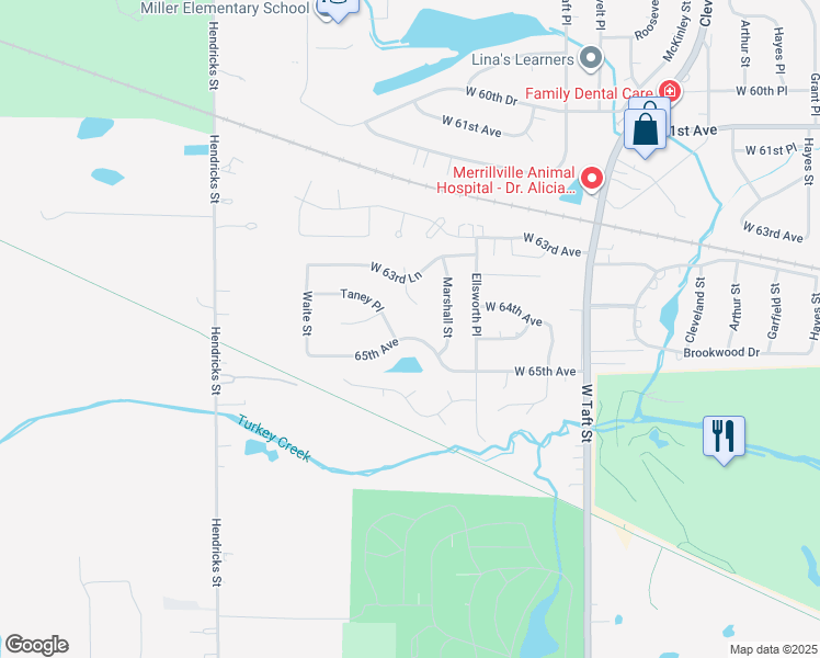 map of restaurants, bars, coffee shops, grocery stores, and more near 6398 Marshall Court in Merrillville