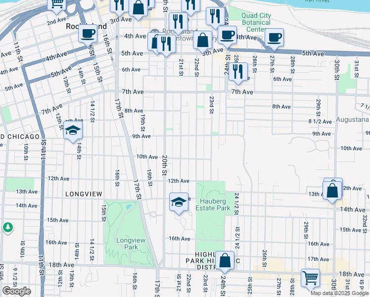 map of restaurants, bars, coffee shops, grocery stores, and more near 923 21st Street in Rock Island