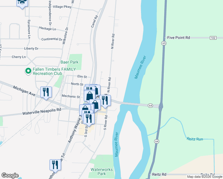 map of restaurants, bars, coffee shops, grocery stores, and more near 144 North River Road in Waterville