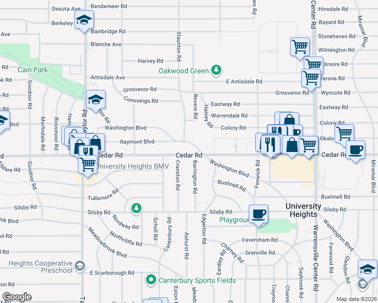 map of restaurants, bars, coffee shops, grocery stores, and more near 3686 Washington Boulevard in University Heights