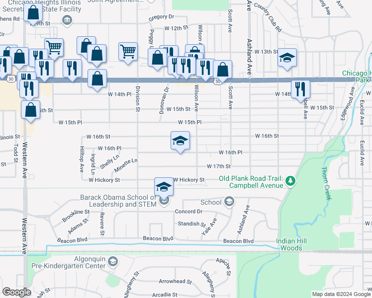 map of restaurants, bars, coffee shops, grocery stores, and more near 413 West 16th Place in Chicago Heights