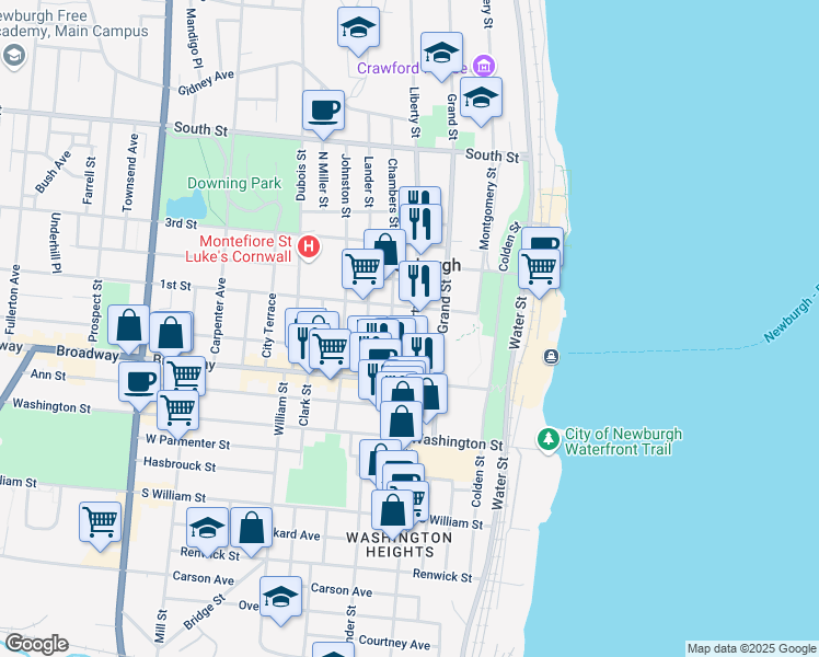 map of restaurants, bars, coffee shops, grocery stores, and more near 50 Chambers Street in Newburgh
