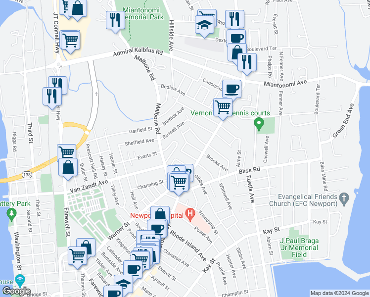 map of restaurants, bars, coffee shops, grocery stores, and more near 17 Boughton Road in Newport