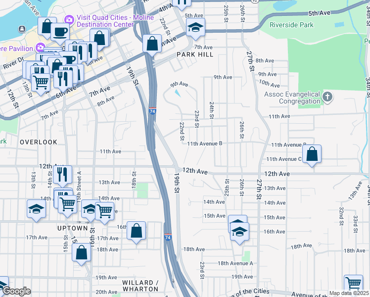 map of restaurants, bars, coffee shops, grocery stores, and more near 1146 22nd Street in Moline