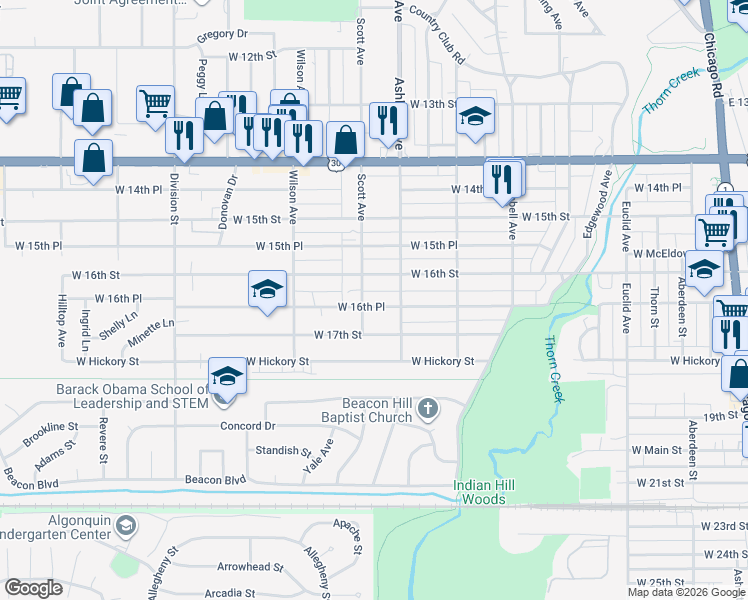 map of restaurants, bars, coffee shops, grocery stores, and more near 351 West 16th Place in Chicago Heights