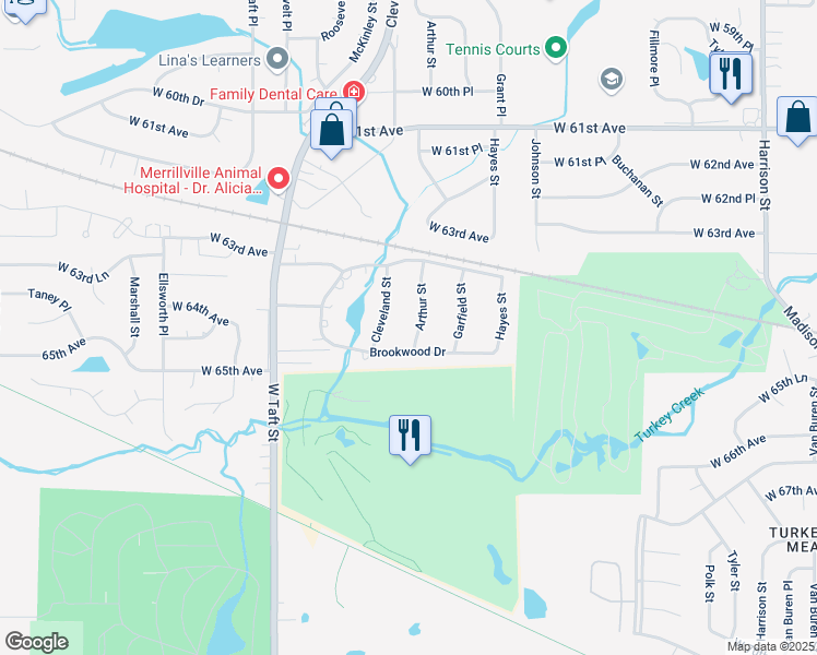 map of restaurants, bars, coffee shops, grocery stores, and more near 6343 Cleveland Street in Merrillville