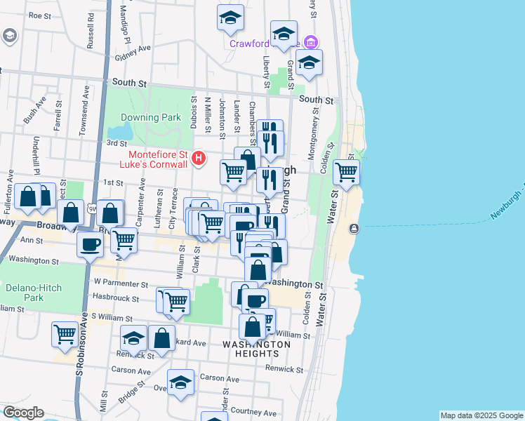 map of restaurants, bars, coffee shops, grocery stores, and more near 50 Chambers Street in Newburgh