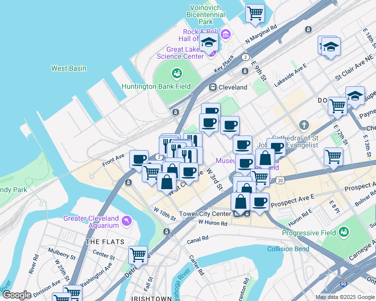 map of restaurants, bars, coffee shops, grocery stores, and more near 300 West Lakeside Avenue in Cleveland