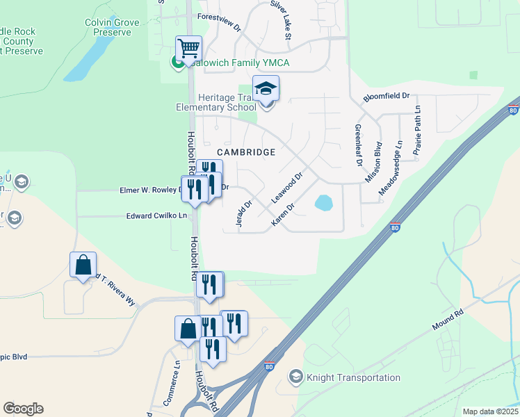 map of restaurants, bars, coffee shops, grocery stores, and more near 1121 Leawood Court in Joliet