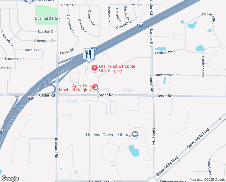 map of restaurants, bars, coffee shops, grocery stores, and more near 455 Hollyhock Court in Mayfield Heights