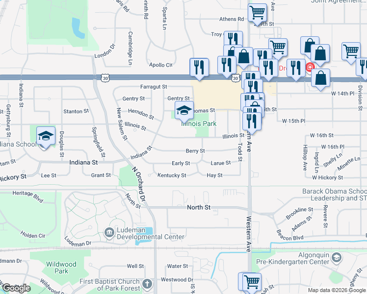 map of restaurants, bars, coffee shops, grocery stores, and more near 207 Illinois Street in Park Forest