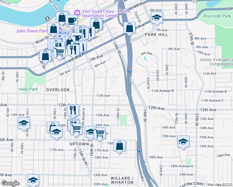 map of restaurants, bars, coffee shops, grocery stores, and more near 1739 11th Avenue in Moline