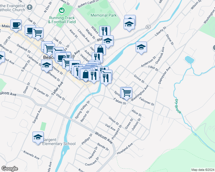 map of restaurants, bars, coffee shops, grocery stores, and more near 28 Liberty Street in Beacon