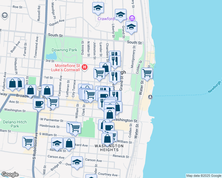 map of restaurants, bars, coffee shops, grocery stores, and more near 50 Chambers Street in Newburgh