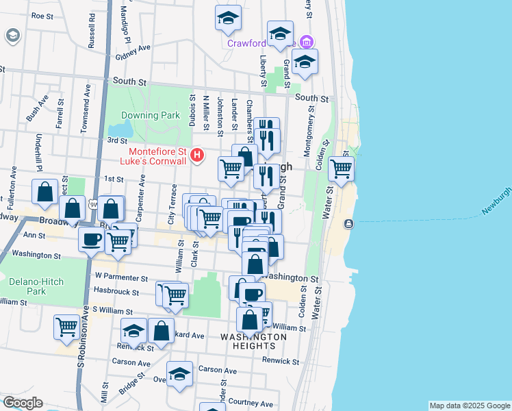 map of restaurants, bars, coffee shops, grocery stores, and more near 50 Chambers Street in Newburgh