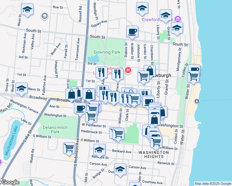 map of restaurants, bars, coffee shops, grocery stores, and more near 42 City Terrace in Newburgh