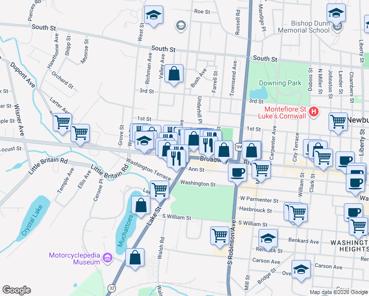 map of restaurants, bars, coffee shops, grocery stores, and more near 19 Fullerton Avenue in Newburgh