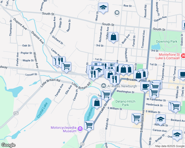 map of restaurants, bars, coffee shops, grocery stores, and more near 15 West Street in Newburgh