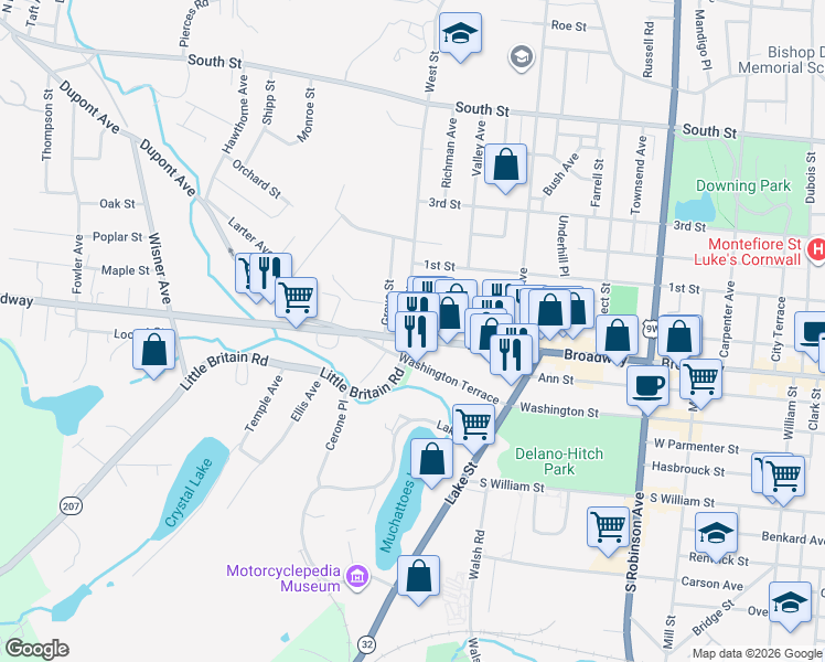map of restaurants, bars, coffee shops, grocery stores, and more near 494 Broadway in Newburgh