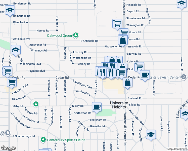 map of restaurants, bars, coffee shops, grocery stores, and more near 13829 Cedar Road in South Euclid