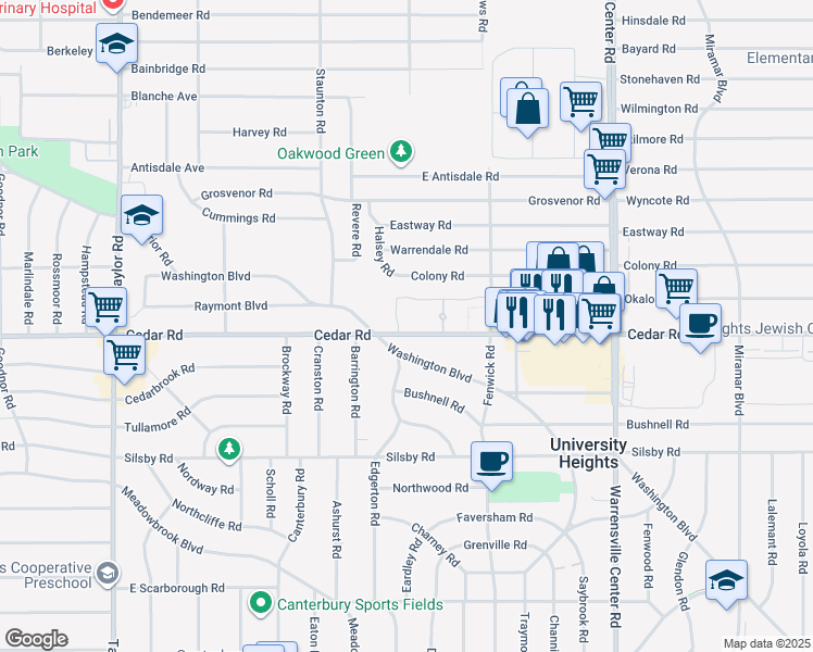 map of restaurants, bars, coffee shops, grocery stores, and more near 13777 Cedar Road in South Euclid