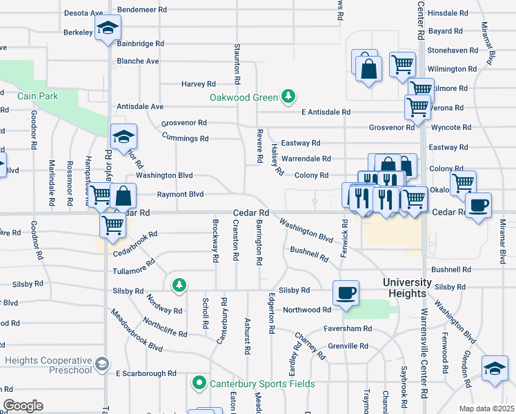map of restaurants, bars, coffee shops, grocery stores, and more near 3717 Washington Boulevard in University Heights