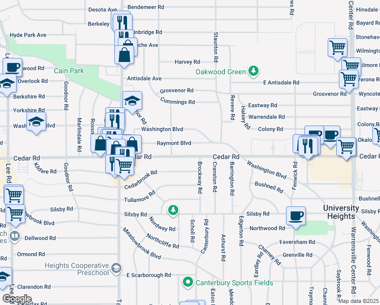 map of restaurants, bars, coffee shops, grocery stores, and more near 3606 Raymont Boulevard in University Heights