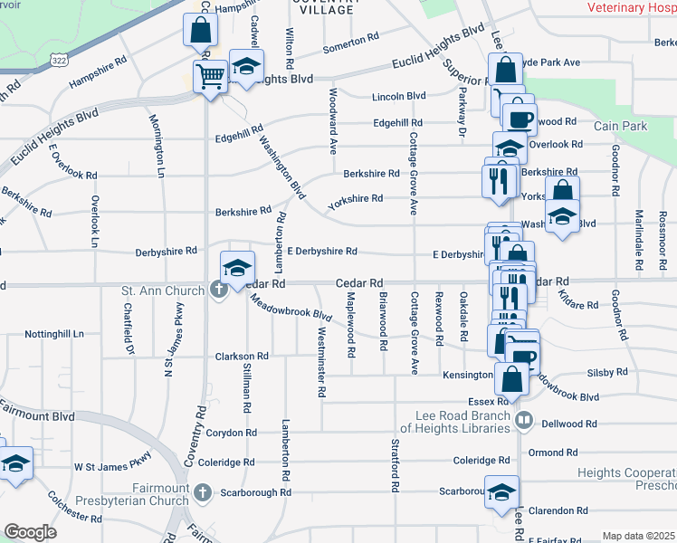 map of restaurants, bars, coffee shops, grocery stores, and more near 2990 East Derbyshire Road in Cleveland Heights