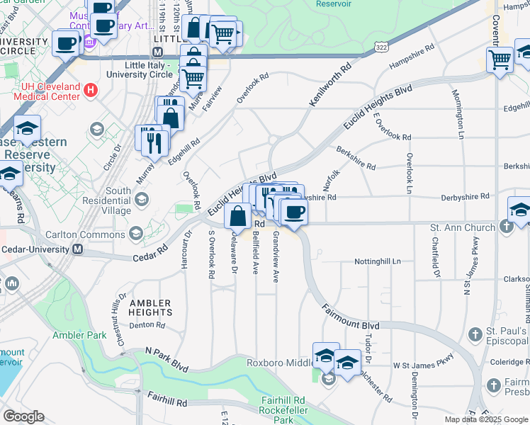 map of restaurants, bars, coffee shops, grocery stores, and more near 2105 Lennox Road in Cleveland Heights