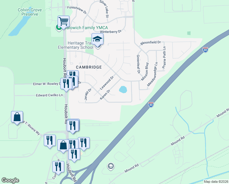 map of restaurants, bars, coffee shops, grocery stores, and more near 1038 Karen Drive in Joliet