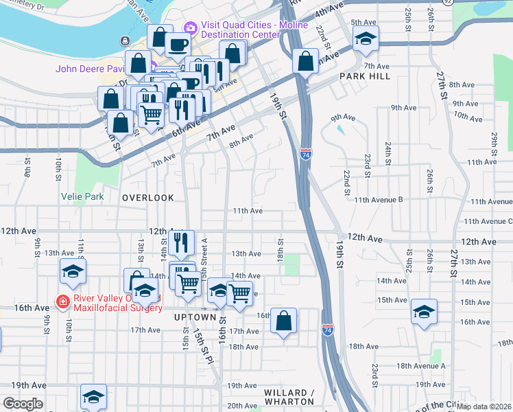 map of restaurants, bars, coffee shops, grocery stores, and more near 952 17th Street in Moline