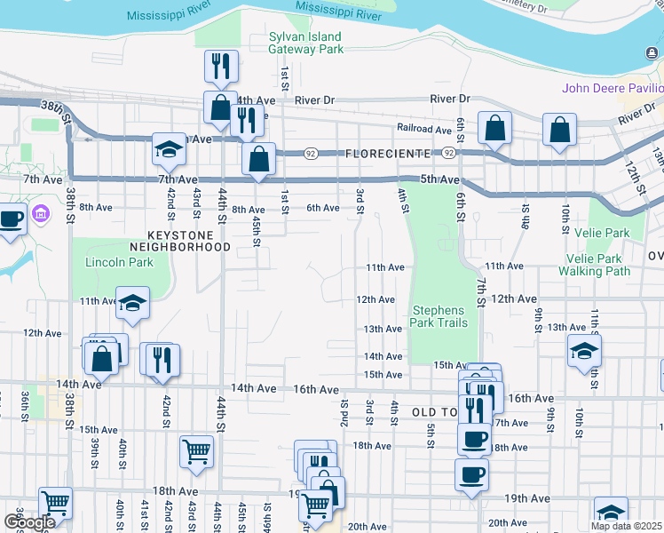 map of restaurants, bars, coffee shops, grocery stores, and more near 1006 2nd Street Court in Moline
