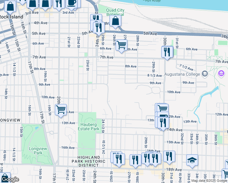 map of restaurants, bars, coffee shops, grocery stores, and more near 849 25th Street in Rock Island